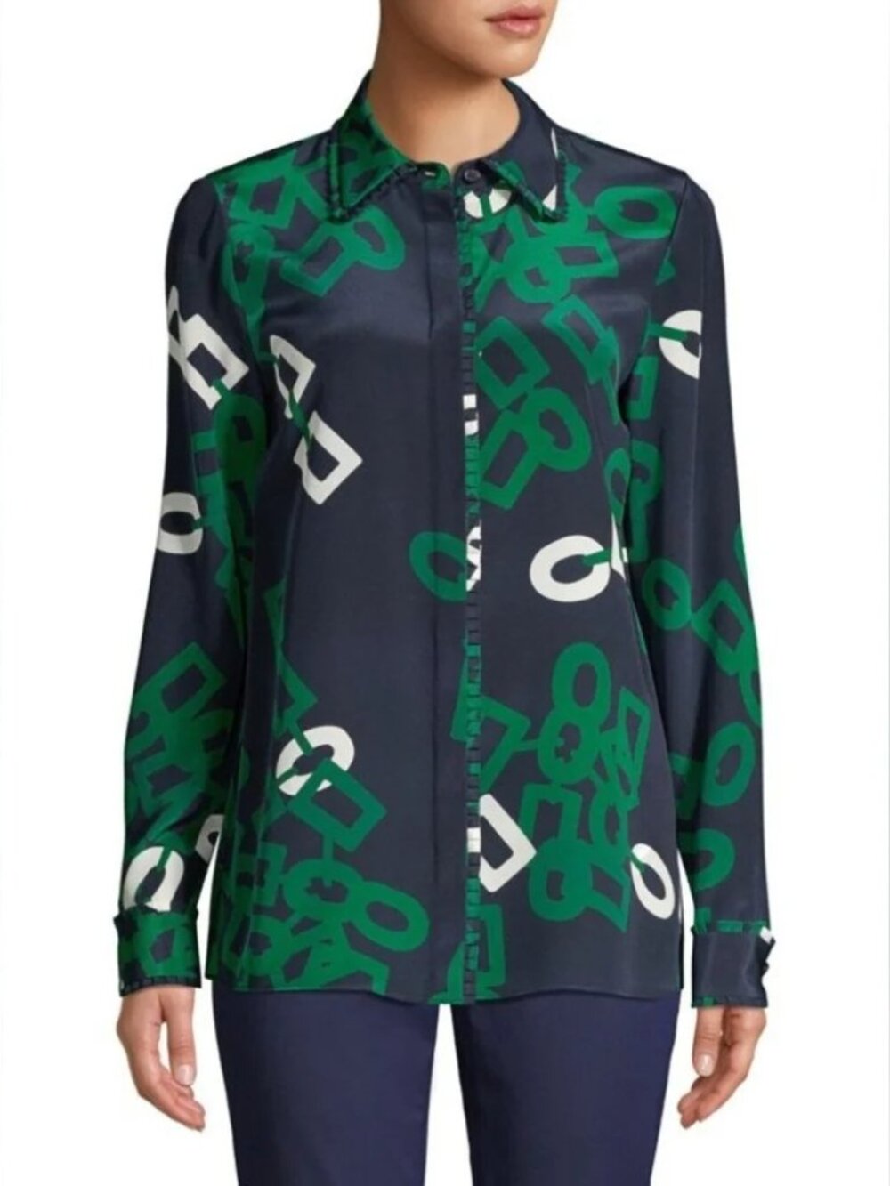 Lafayette 148 Navy & Green Duvall Link Print Silk Blouse Large NEW NWT